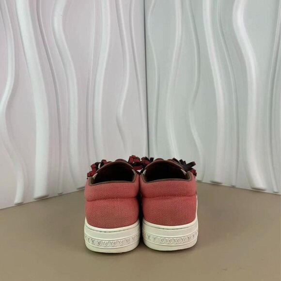 Louis Vuitton Pink Canvas Slip-On Sneakers With Leather Rosette Details & White - Picture 4 of 7